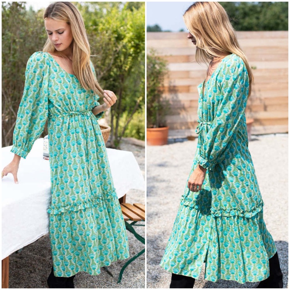 NWT Emerson Fry India Collection Lucy Long Sleeve Dress Frida Blue Green NEW 14